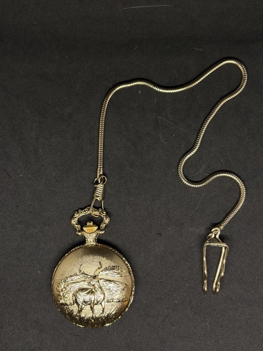 Vtg Cariole Antimagnetic Elk/Deer Floral Pocket Watch Gold Tone w/Chain Works